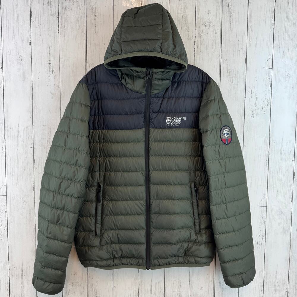 Scandinavian Explorer Olive Black Down Jacket Ultra Light Hooded Unisex Small - Picture 2 of 16